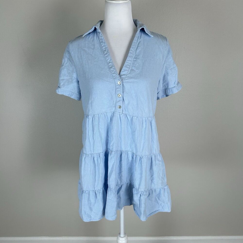 Zara S Linen Blend Tiered Dress Light Blue Babydoll Swing Shirt Button Front